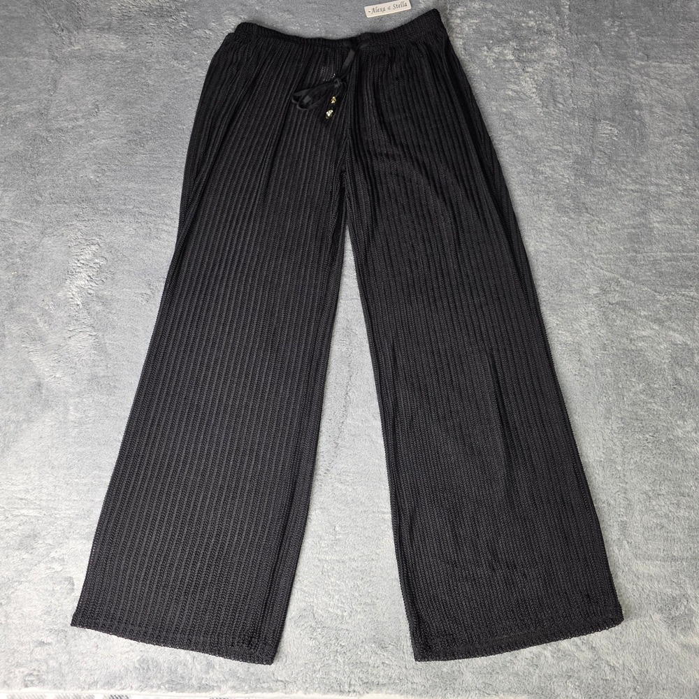Alexa & Stella Womens 1X Wide Leg Pants Black Crochet Knit High Rise‎ Drawstring